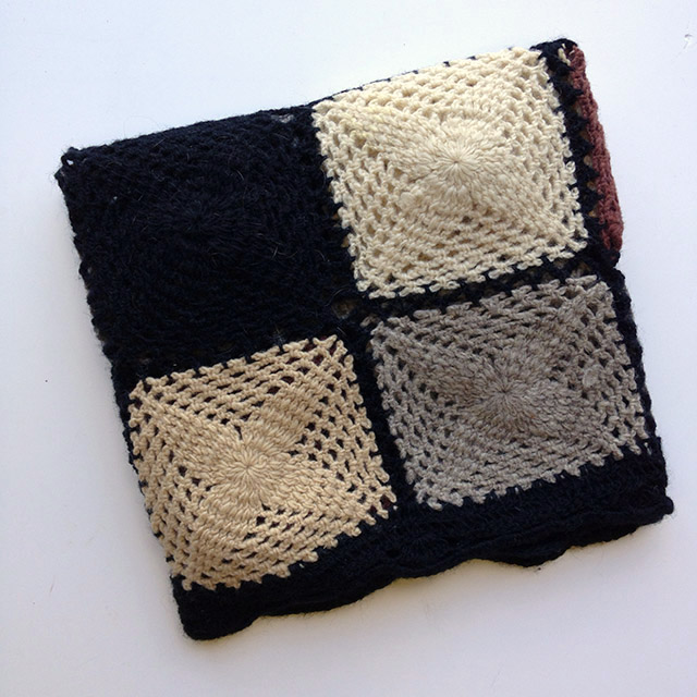 BLANKET (Throw), Crochet 1970s Black Cream Grey Patchwork